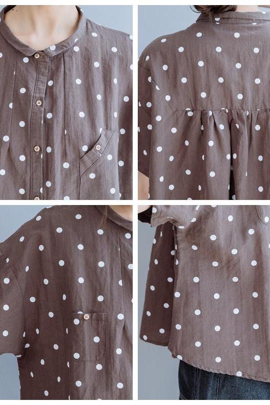 Coffee Cotton Linen Blouse Loose Tops for Summer