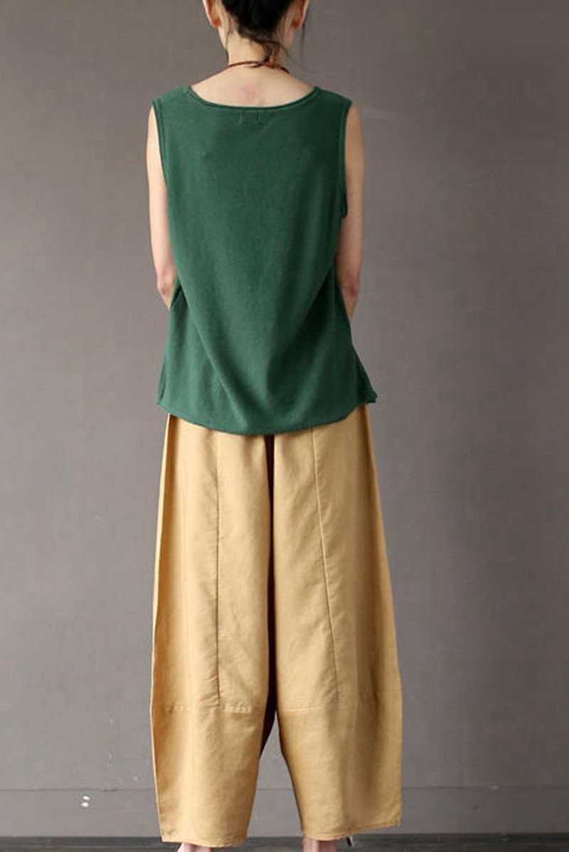 Khaki Loose Cotton Linen Ankle Length Pants Outfits
