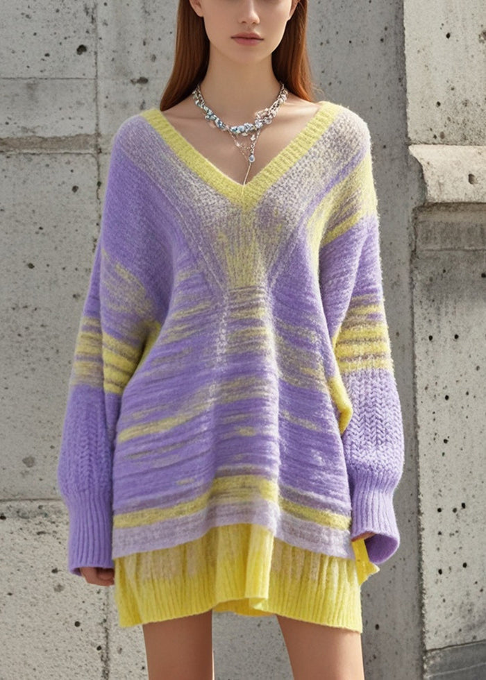 Gradient Color V Neck Cozy Loose Sweater Dress Fall
