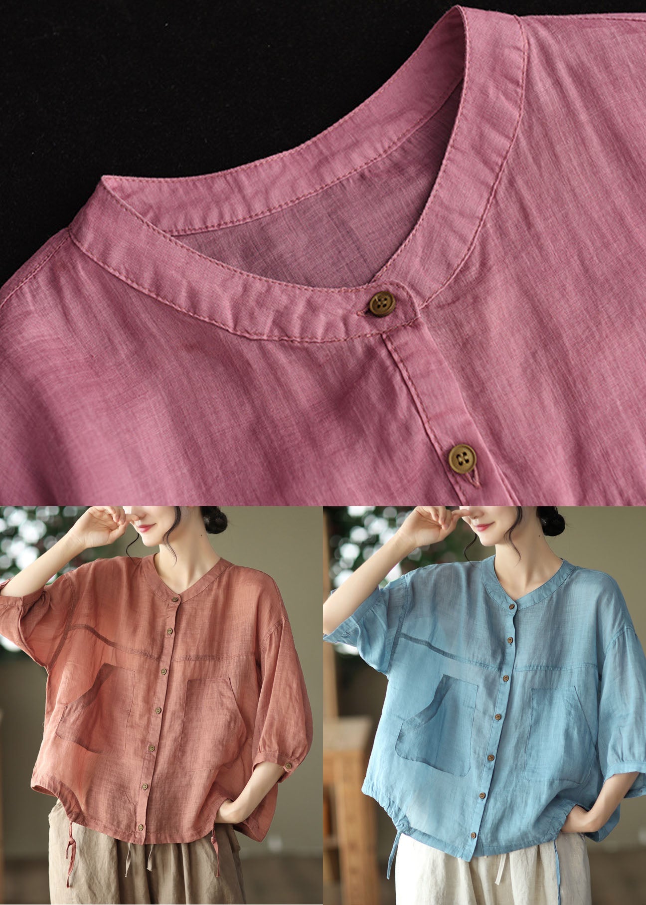 Red O-neck Oversized Pockets Linen Blouses Bracelet Sleeve