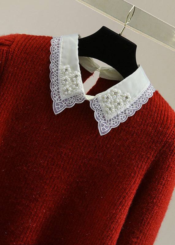 Red Peter Pan Collar Nail Bead Cotton Knit Sweater Winter