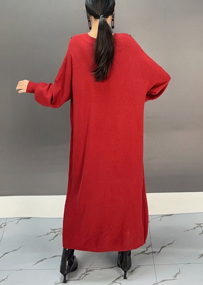Red V Neck Embroidered Knit Sweater Dress Fall