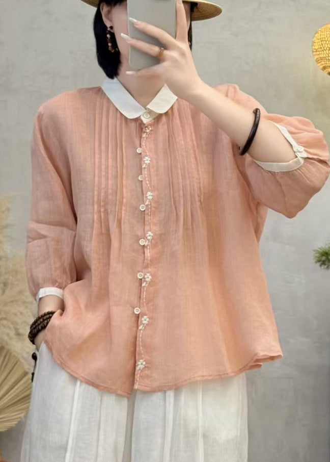 Orange Embroidered Patchwork Wrinkled Linen Blouses Bracelet Sleeve