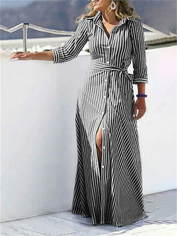 Polo Collar Literary Temperament Cotton and Linen Striped Seven Sleeve Cardigan Dress