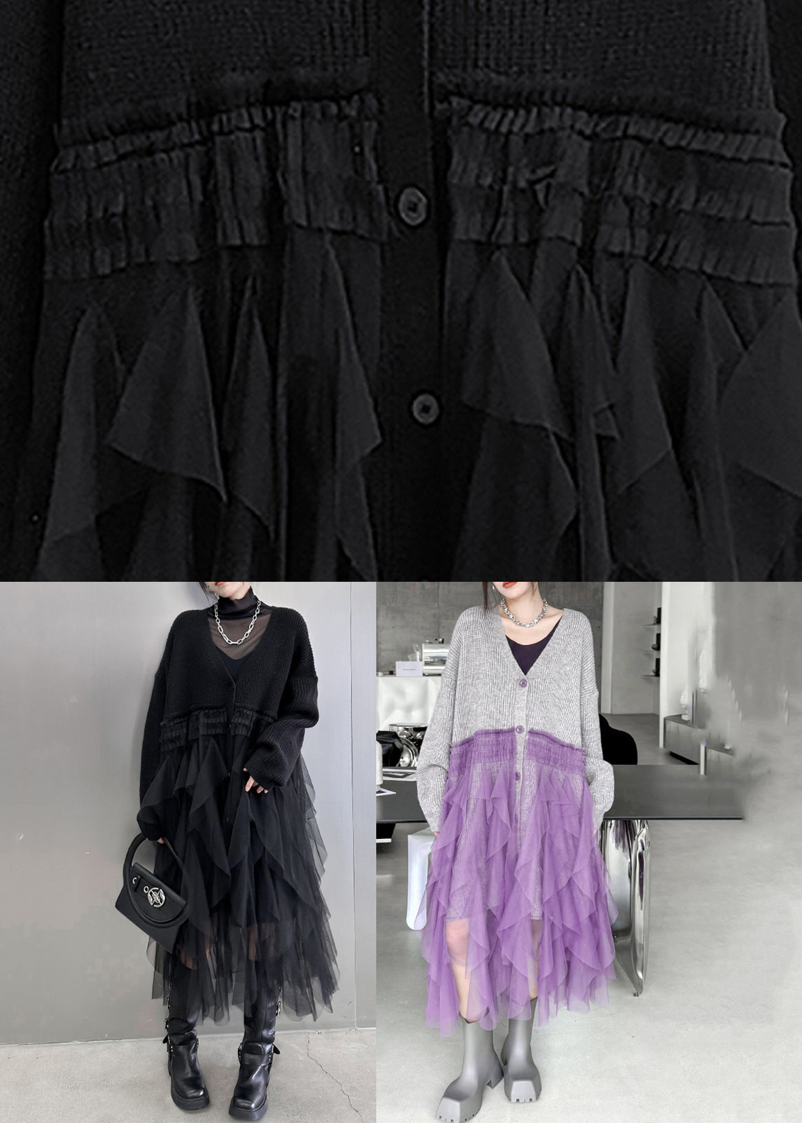 Black Tulle Patchwork Cotton Knit Maxi Sweater Dress Batwing Sleeve