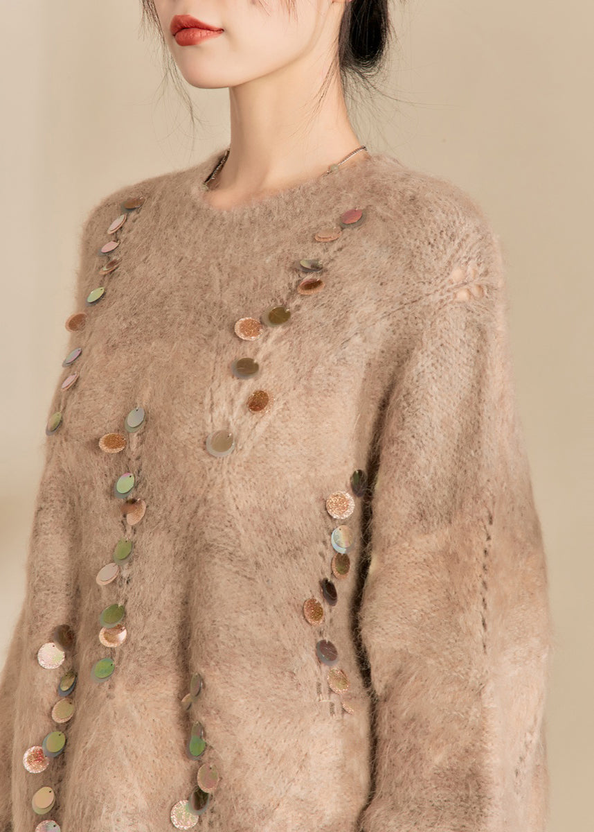 Camel O-neck Sequins Thick Cotton Knit Sweater Winter