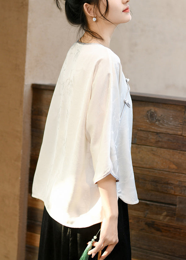 New Beige O Neck Tassel Jacquard Silk Shirt Tops Spring