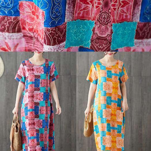 Orange Red Prints Linen Cotton Dresses O Neck Dresses Summer Dresses