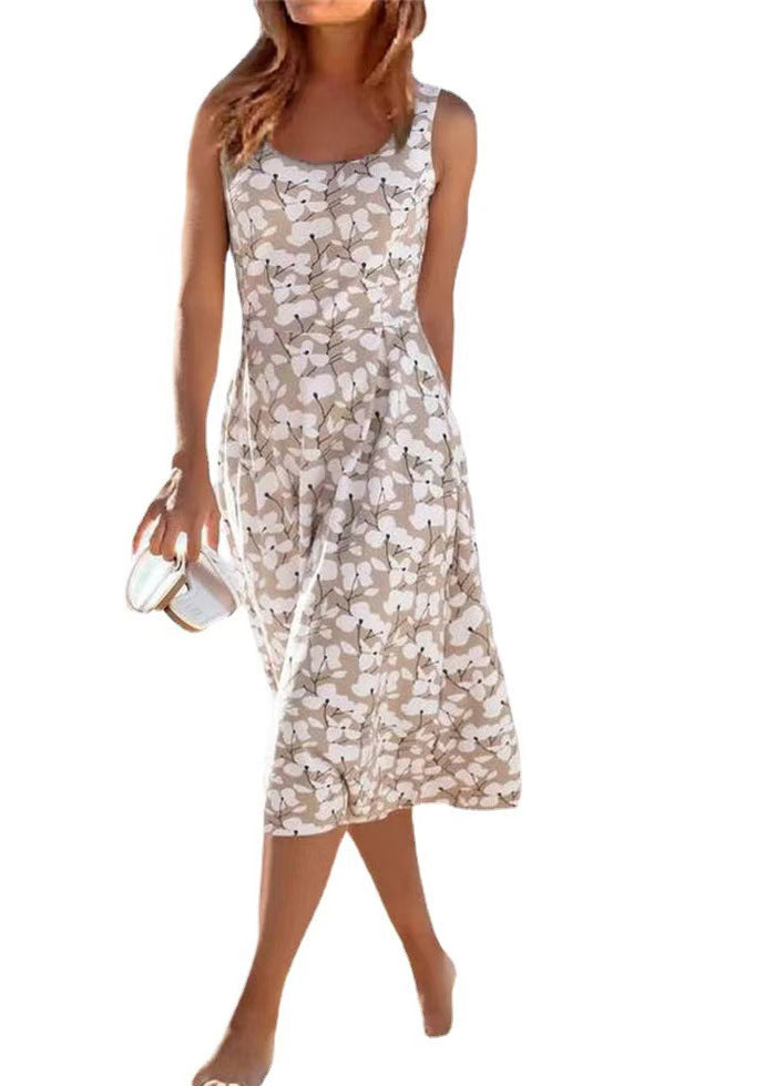 Khaki O Neck Print Cotton Vacation Dresses Sleeveless