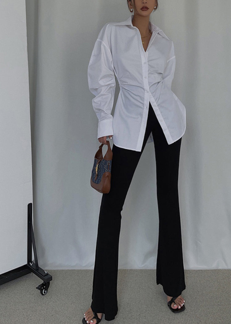 White Cinched Cotton Blouse Tops Spring