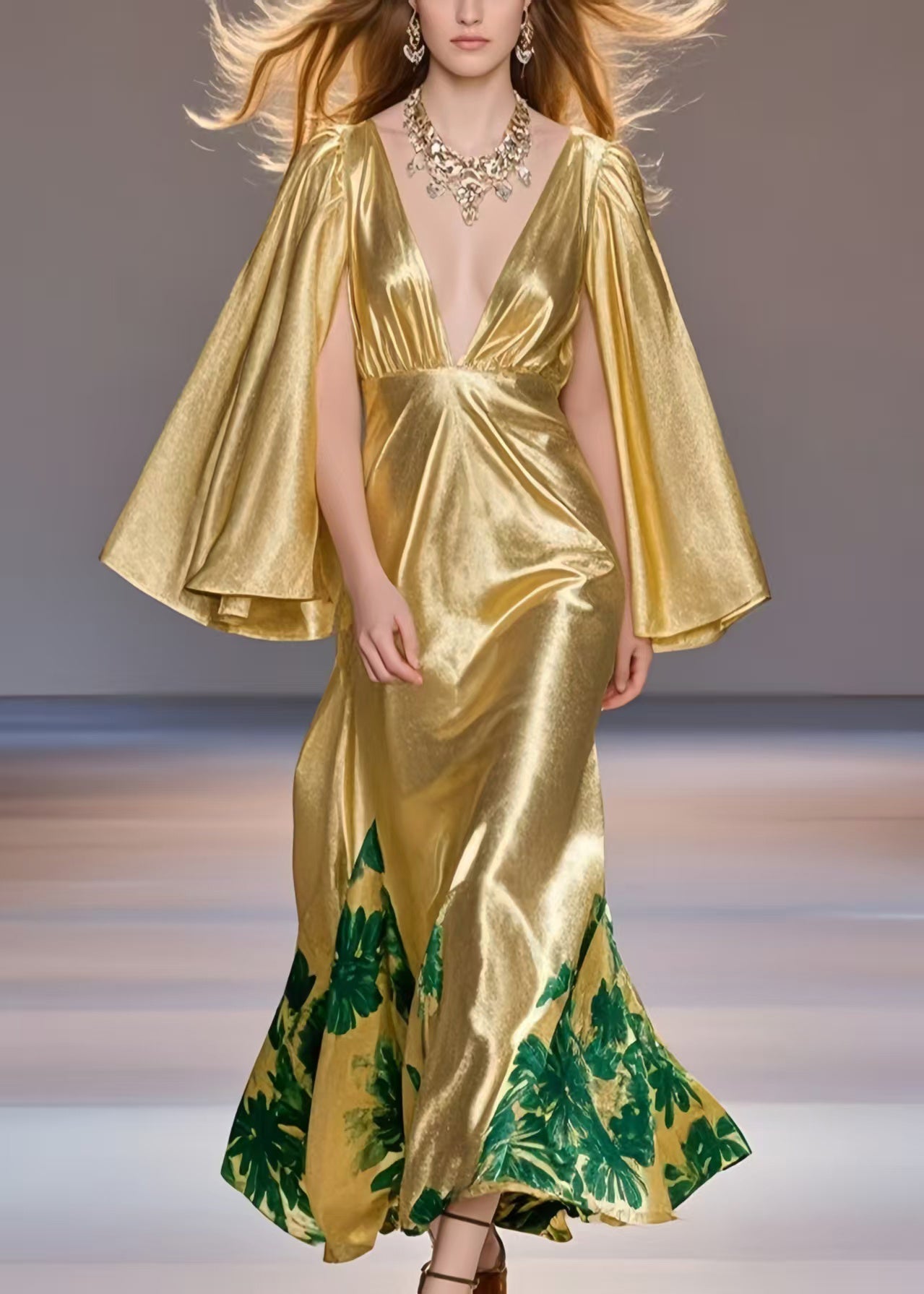 Yellow Deep-v Neck Print Silk Party Dress Cloak Sleeves