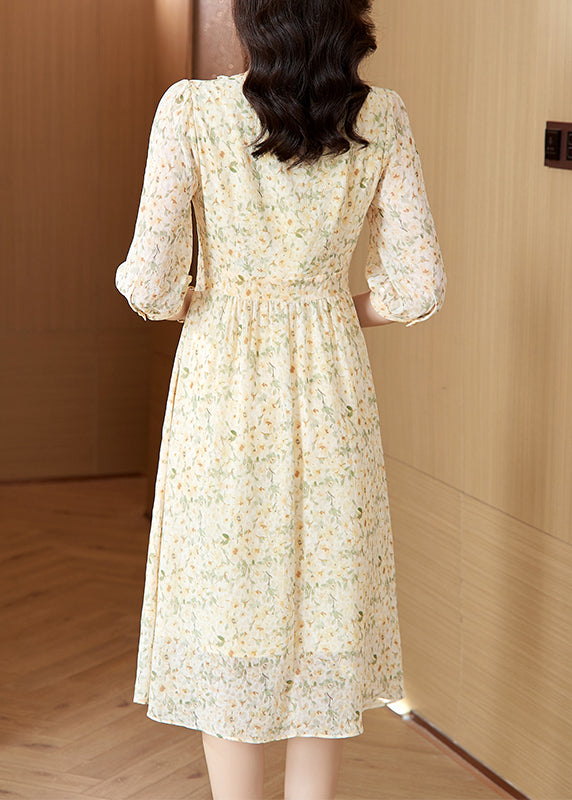 Light Yellow V Neck Print Chiffon Dresses Summer
