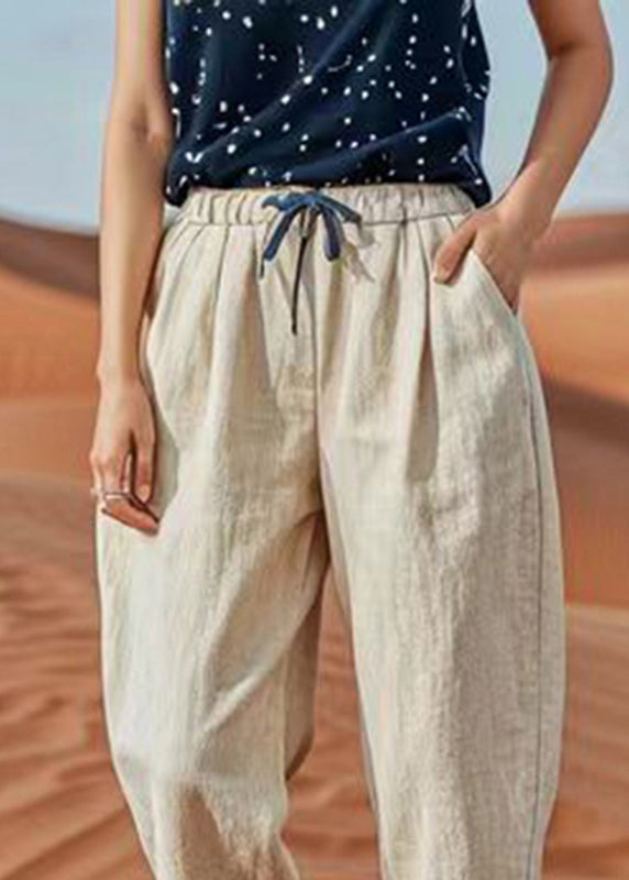 Light Khaki Pockets Tie Waist Crop Pants Summer