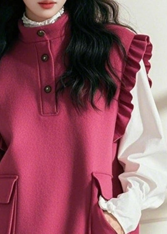 Rose Stand Collar Ruffled Patchwork Cotton Vest Top Sleeveless