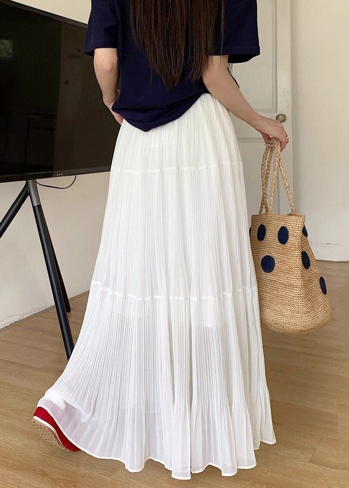 White Elastic Waist Chiffon Maxi Skirts Wrinkled