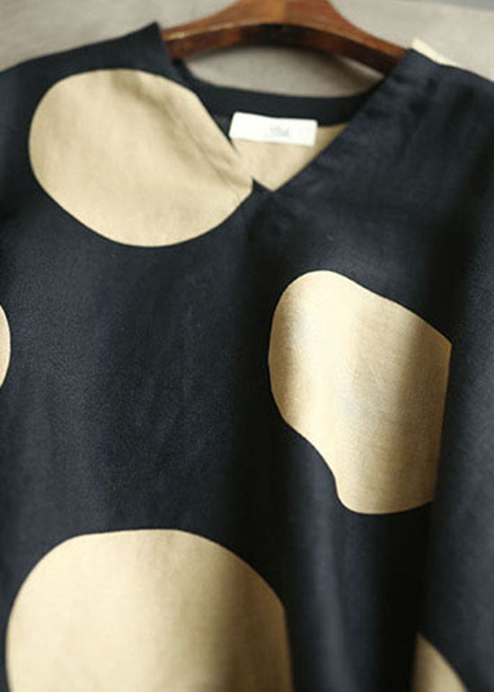 Modern Black V Neck Dot Print Linen Tops Spring