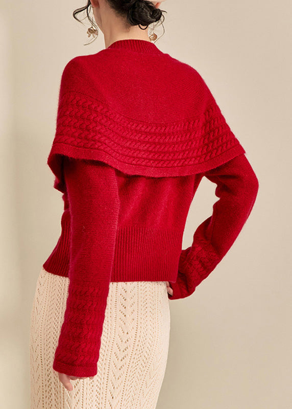 Vogue Red Button Shawl Fake Two Pieces Thick Cotton Knit Sweater Spring