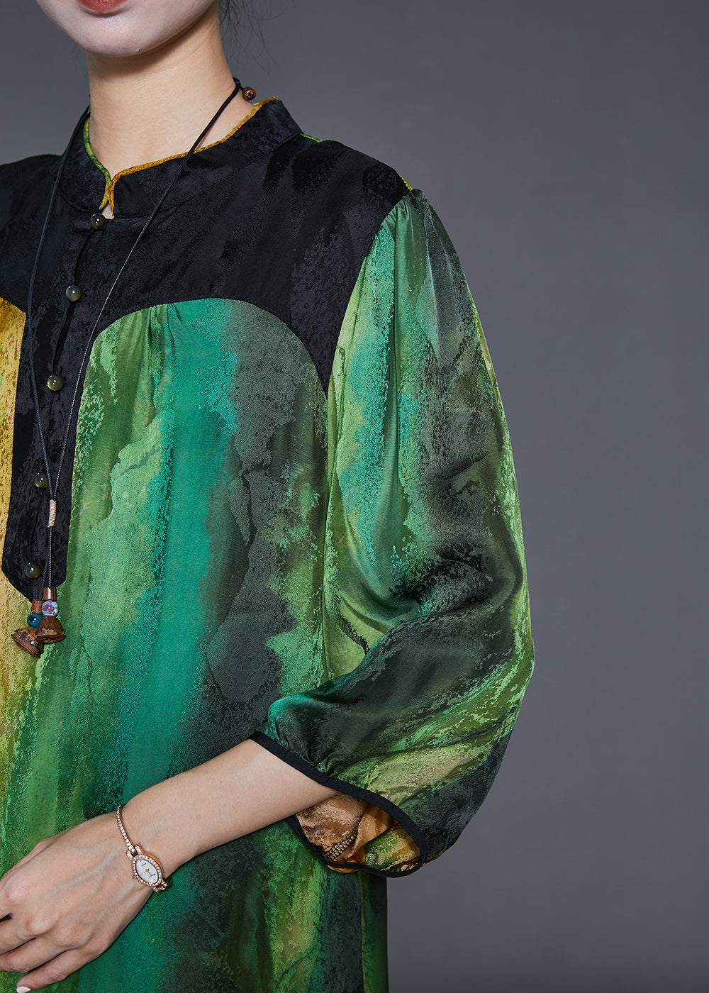 Green Mandarin Collar Tie Dye Silk Vacation Dresses Bracelet Sleeve