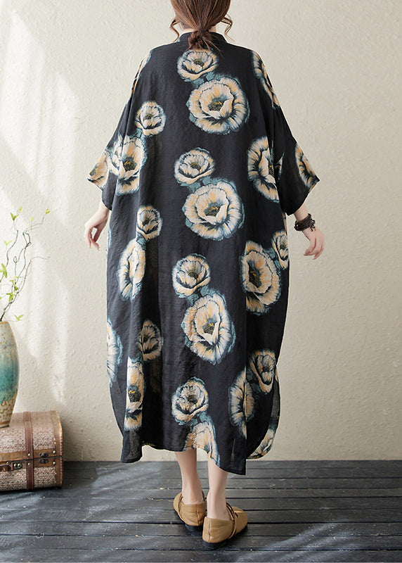 Black Stand Collar Print Long Dress Long Sleeve