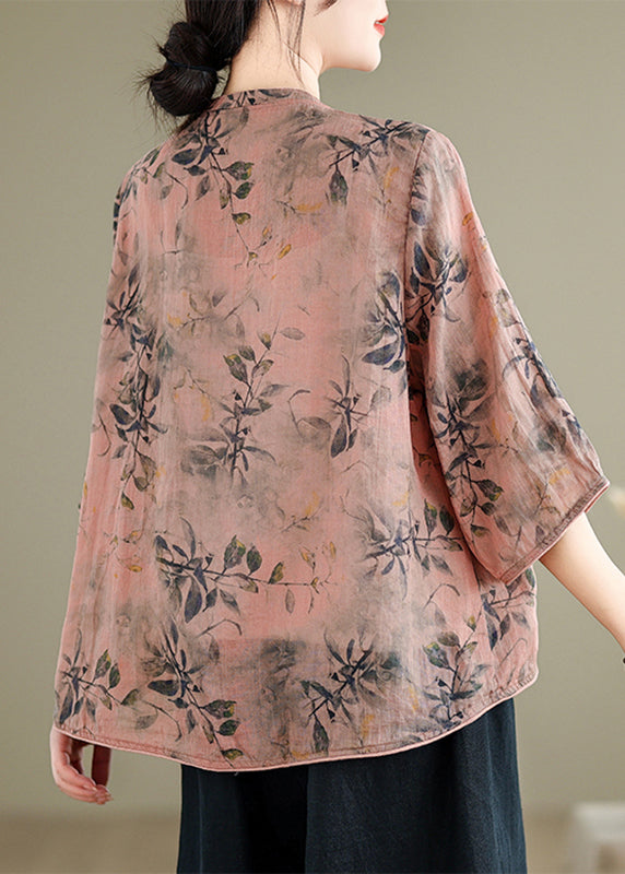 Handmade Pink O-neck Print Embroidered Button Top Half Sleeve