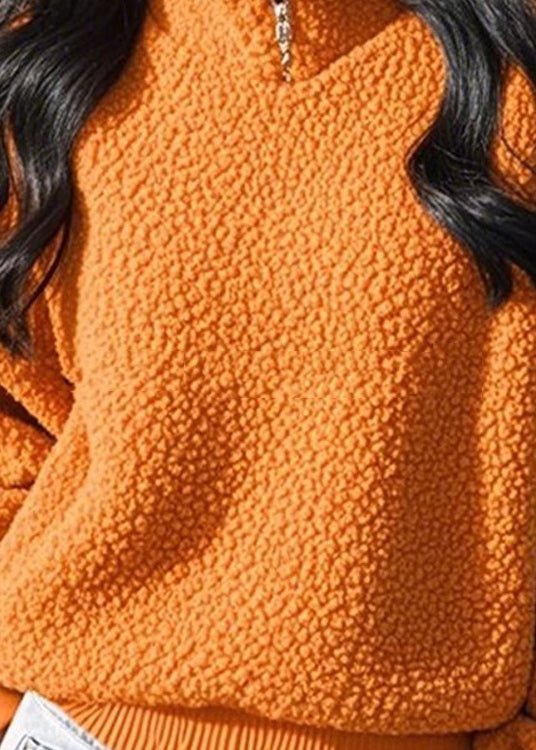 Orange Stand Collar Zip Up Fluffy Sweatshirt Winter