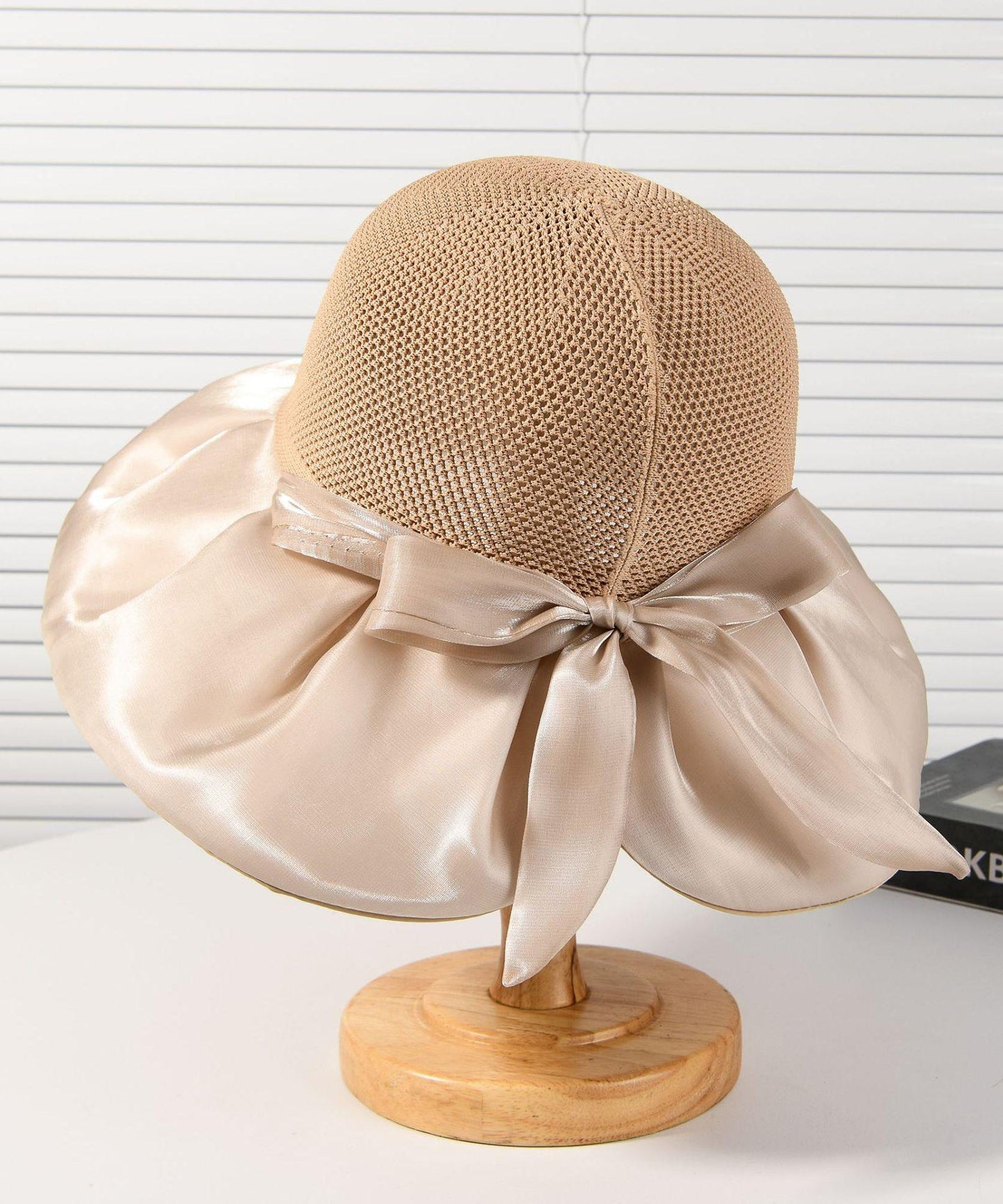 New Dark Khaki Knit Patchwork Satin Bow Bucket Hat