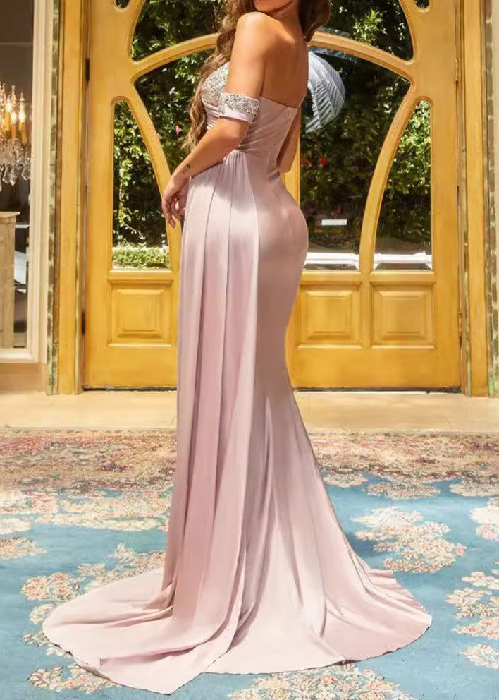 Silver One Shoulder Side Open Silk Party Dress