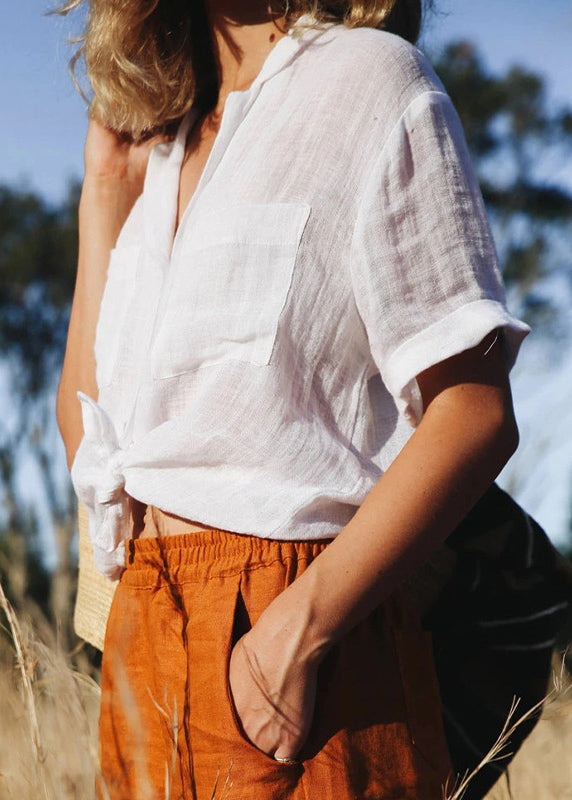 New White Peter Pan Collar Linen Shirt Summer