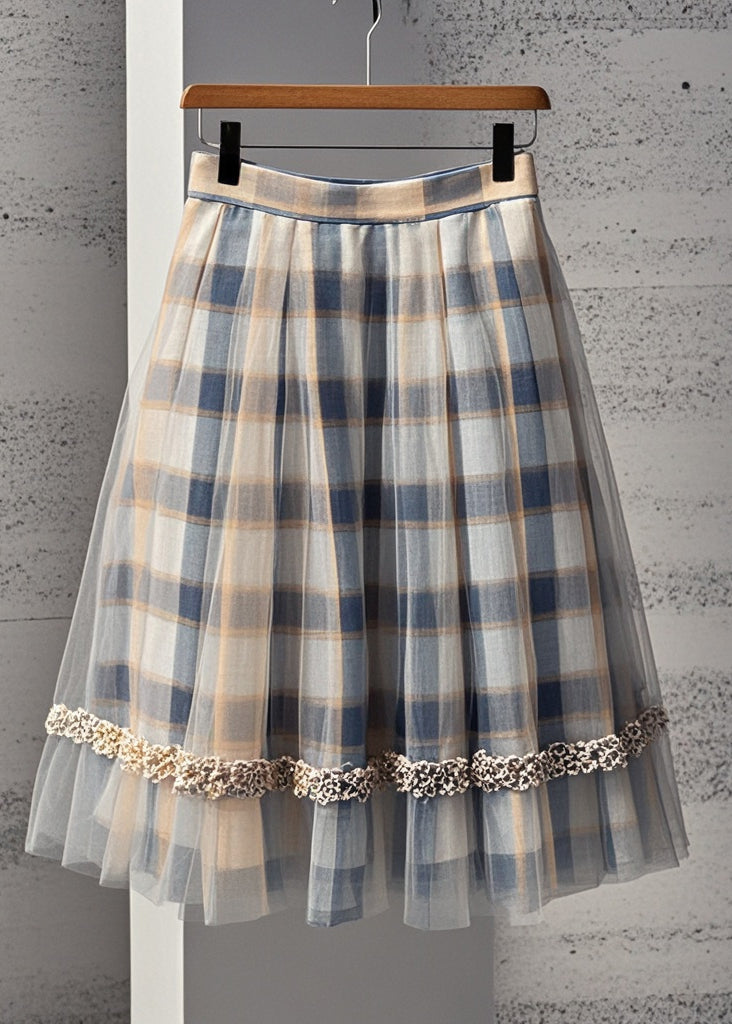 Khaki Plaid Tulle Pleated Skirt Summer