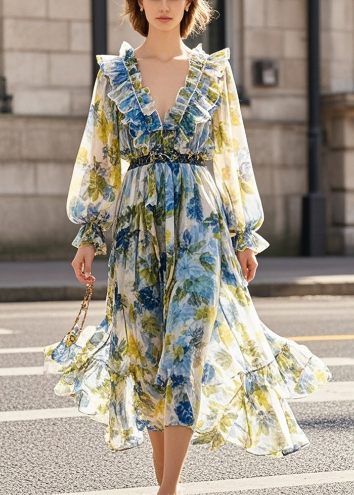 Print Ruffled Silm Fit Chiffon Beach Dress Fall