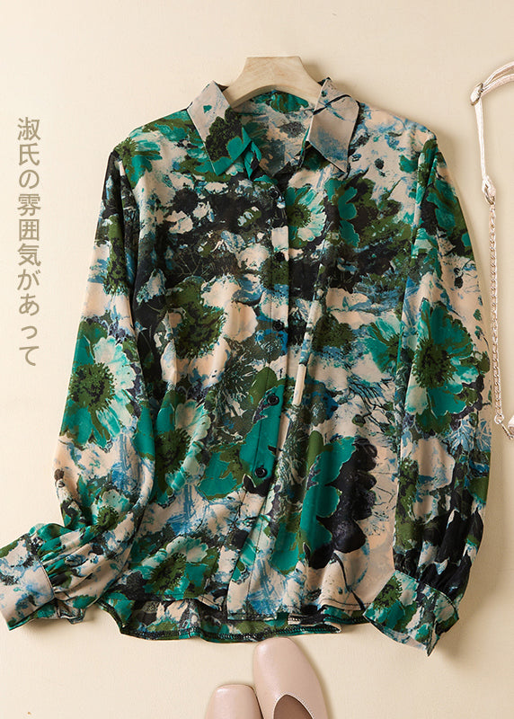 Green Peter Pan Collar Print Cotton Shirt Tops Fall