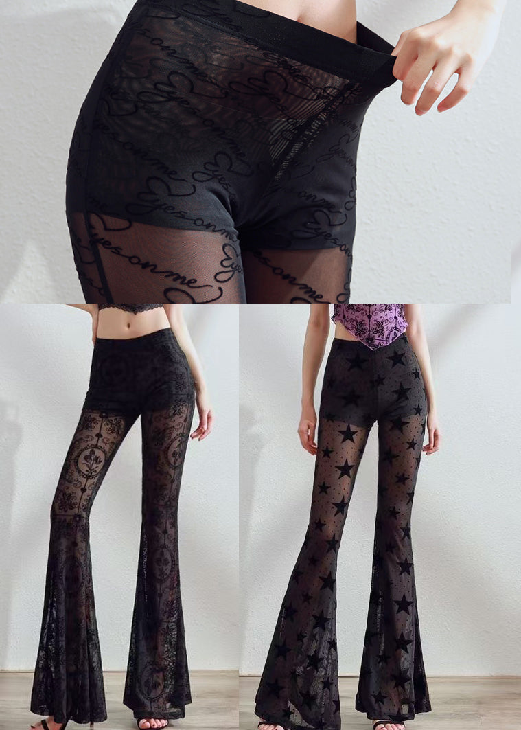 Style Black Tummy Control Print Tulle Sheer Flared Trousers Fall