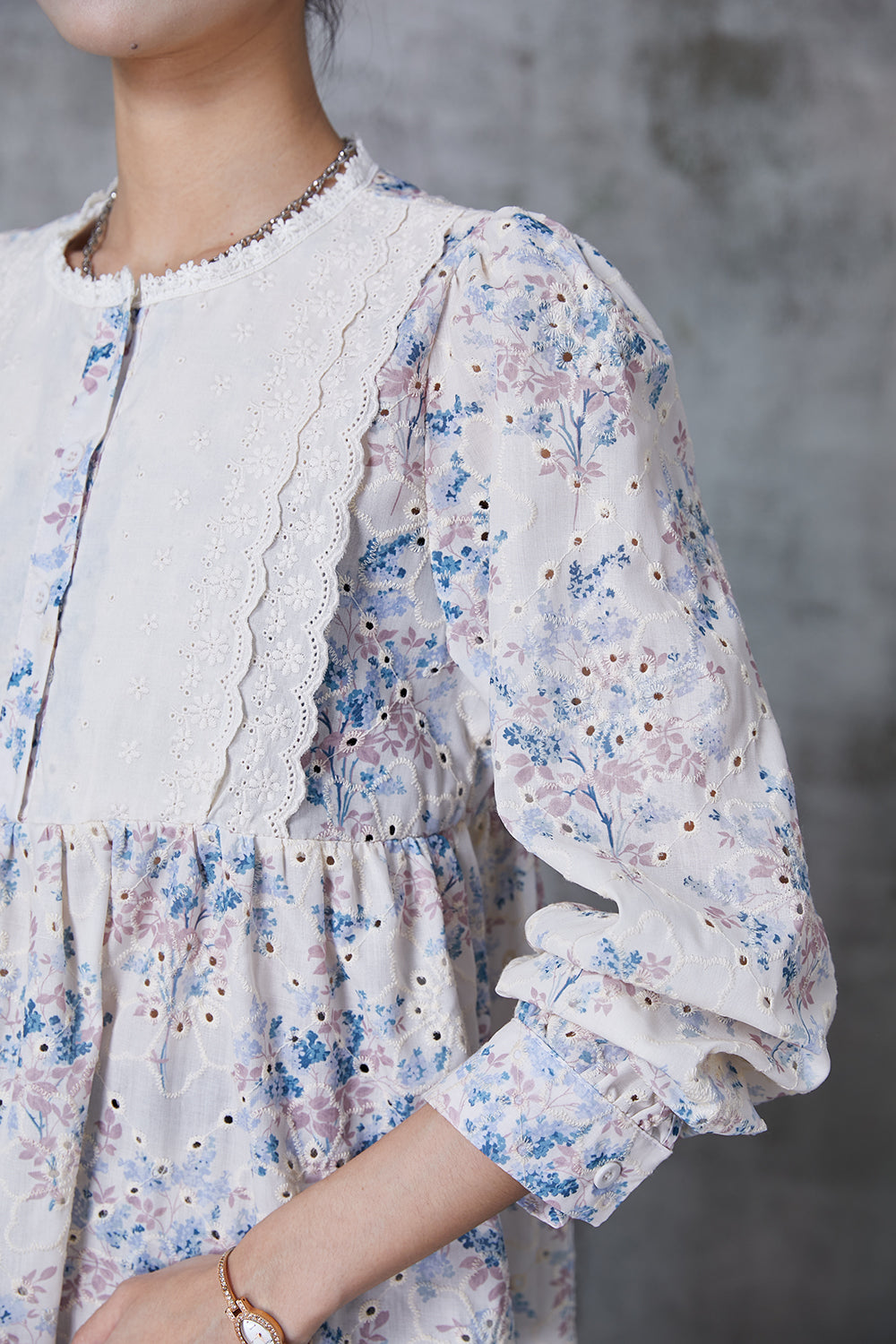 Apricot Print Patchwork Lace Cotton Shirt Summer