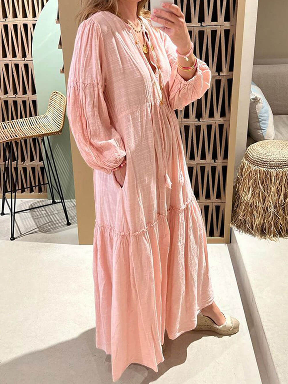 V-neck Puff Sleeve Cotton and Linen Dress
