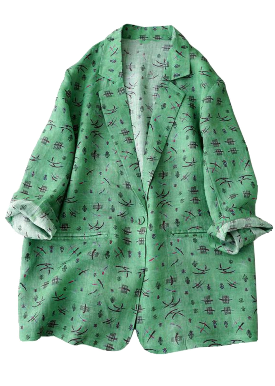 Green Notched Print Coats Long Sleeve
