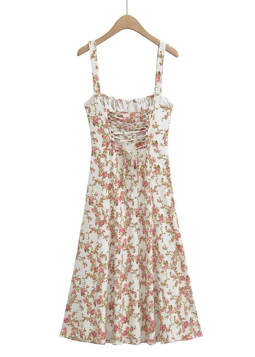 Holiday Style Print Side Open Cotton Spaghetti Strap Dress Summer