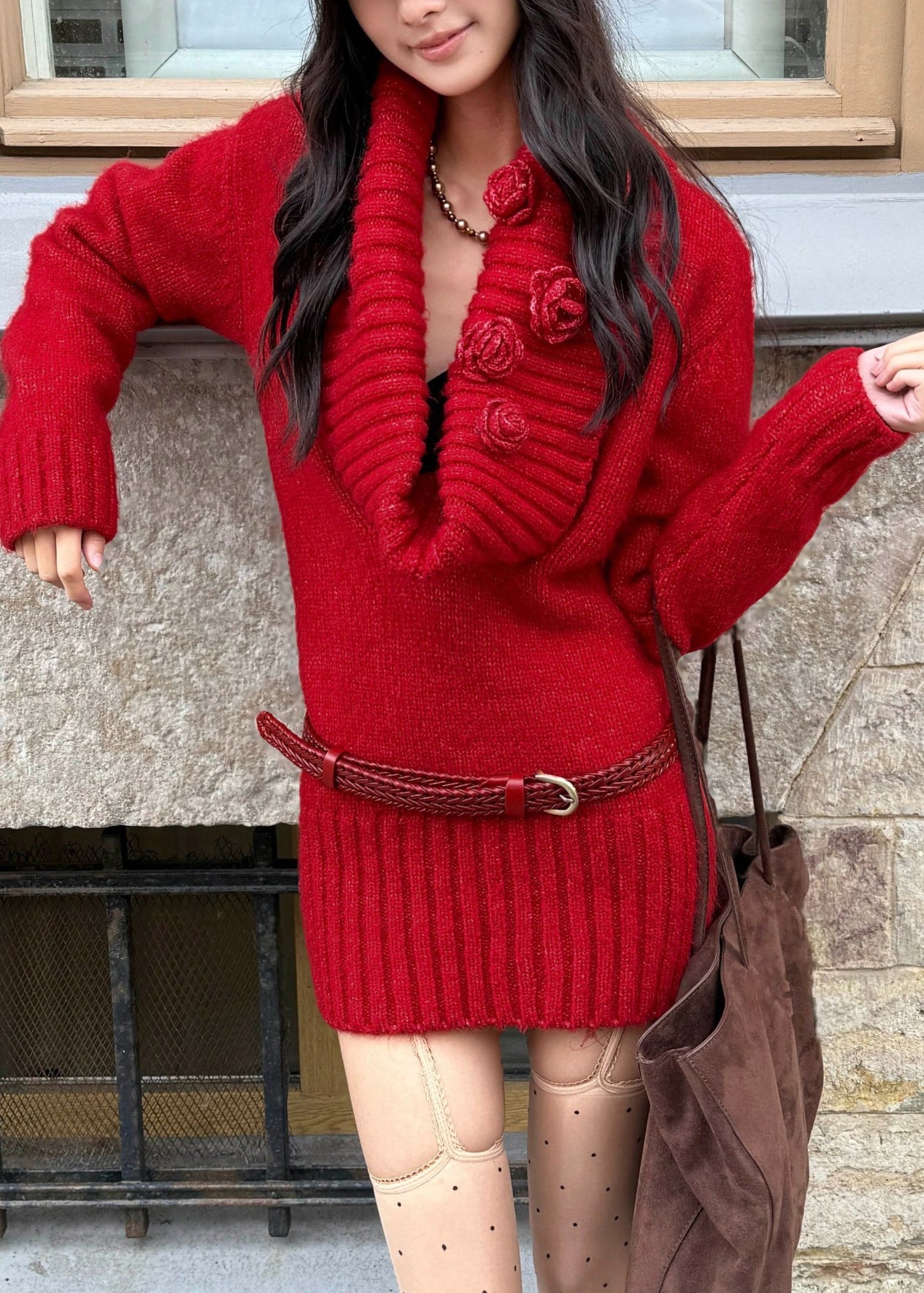 Slim Fit Red Sashes Cotton Knit Mid Sweater Dress Fall