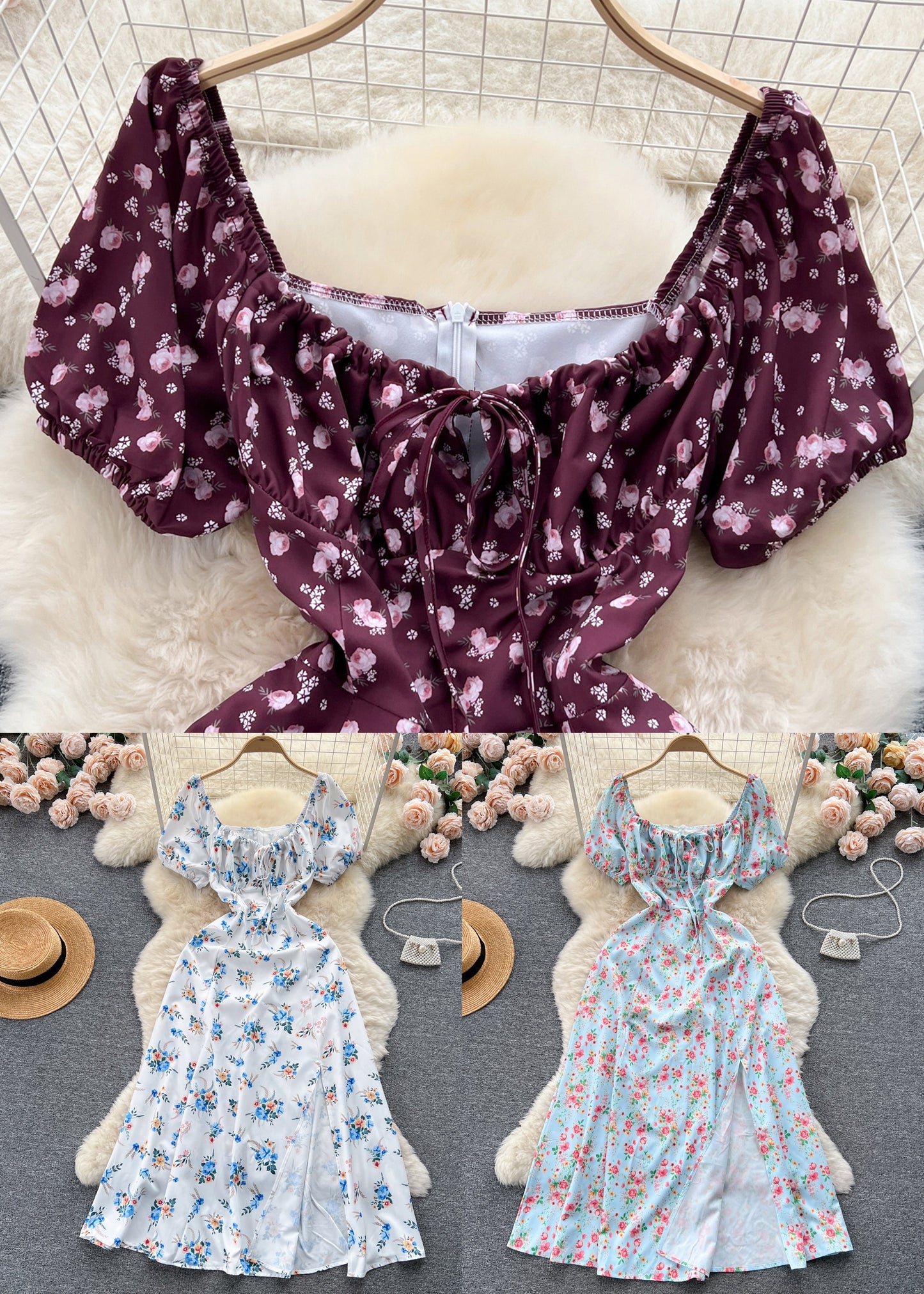 White Lace Up High Waist Cotton Dresses Short Sleeve