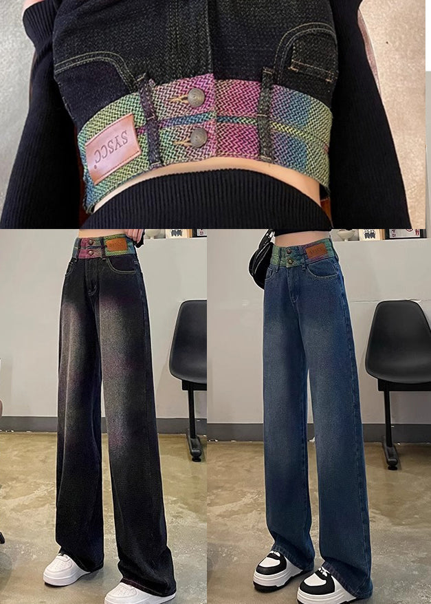 Black High Waist Patchwork Denim Straight Pants Spring