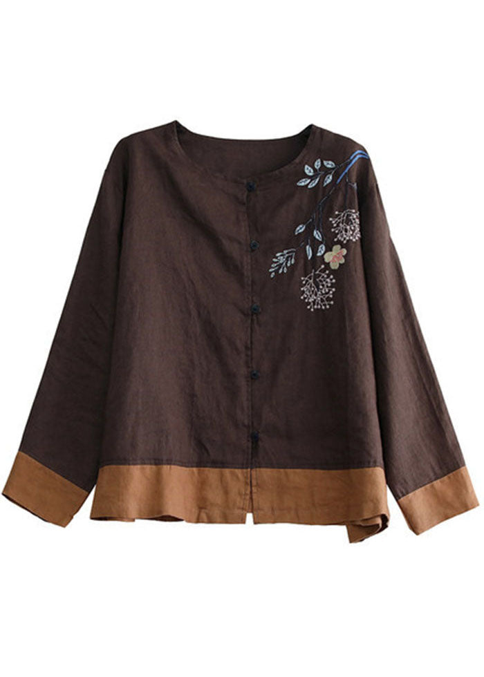 Chocolate O-neck Embroidered Patchwork Linen Shirt Tops Long Sleeve