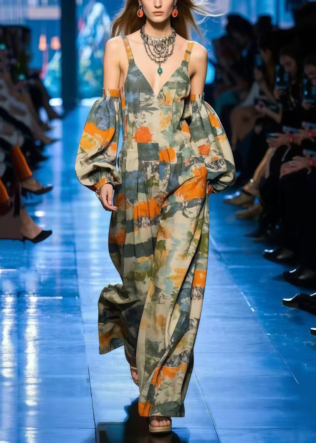 Cold Shoulder Print Cotton Jumpsuit Lantern Sleeve