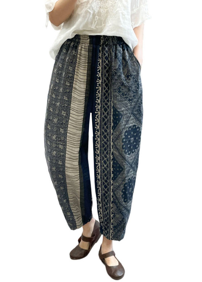Black Oversized Print Linen Harem Pants Spring