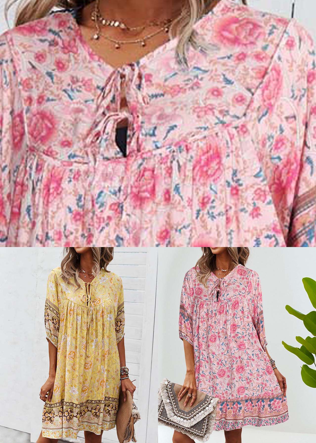 Yellow Print Tie Lace Beach Mid Dress Half Sleeve