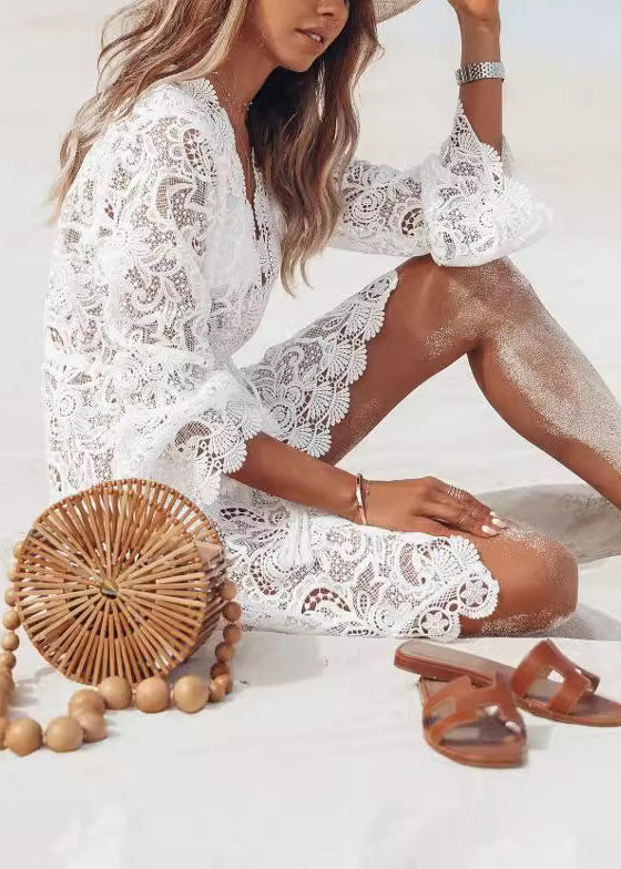White V Neck Hollow Out Lace Mid Dress Flare Sleeve