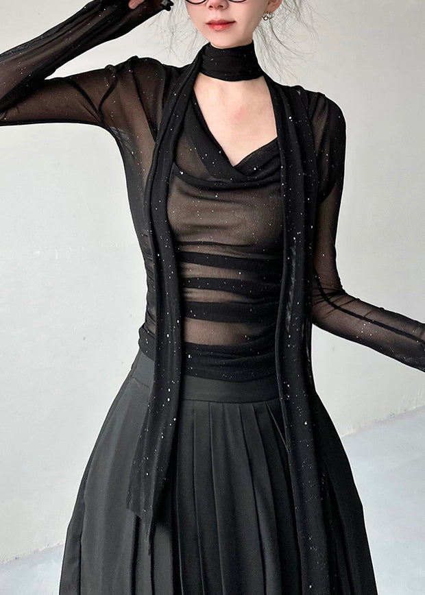 Slim Fit Black V Neck Tulle T Shirts Fall