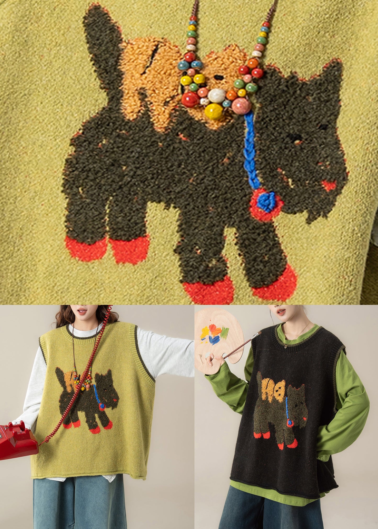 Yellow Cartoon Print Cozy Cotton Knit Waistcoat Sleeveless
