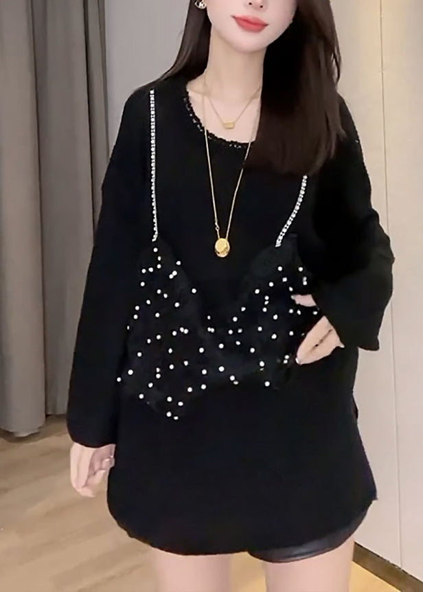 French Black O-neck Lace Patchwork Fake Two Pieces Knit Tops Fall