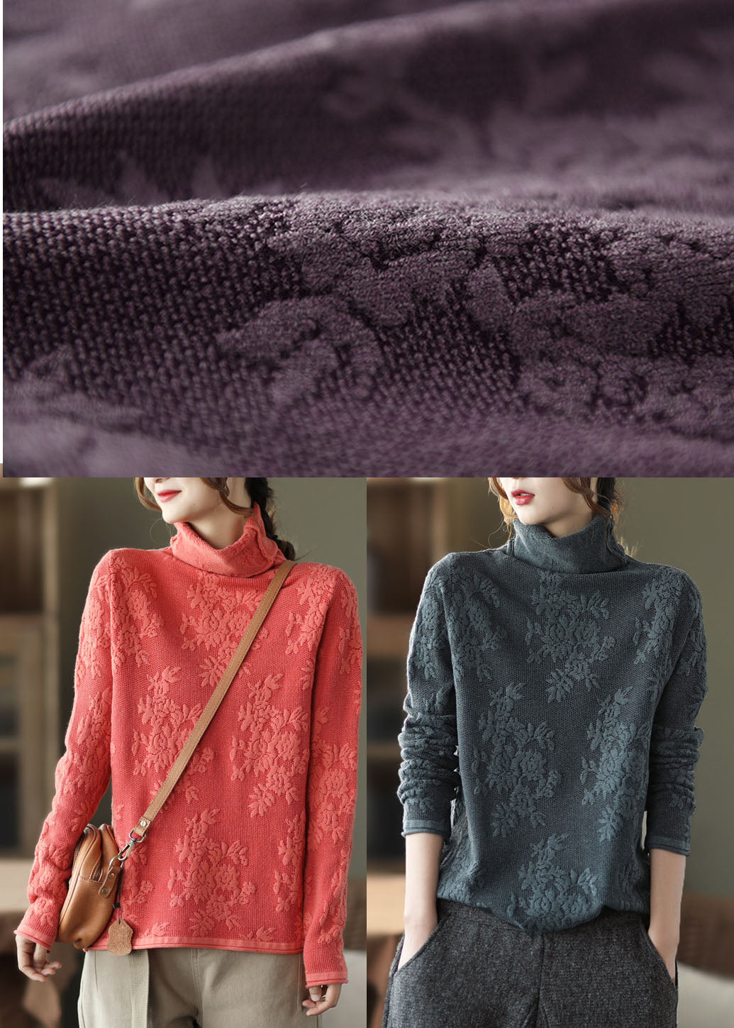 Fitted Purple Thick Knit Tops Turtle Neck Spring