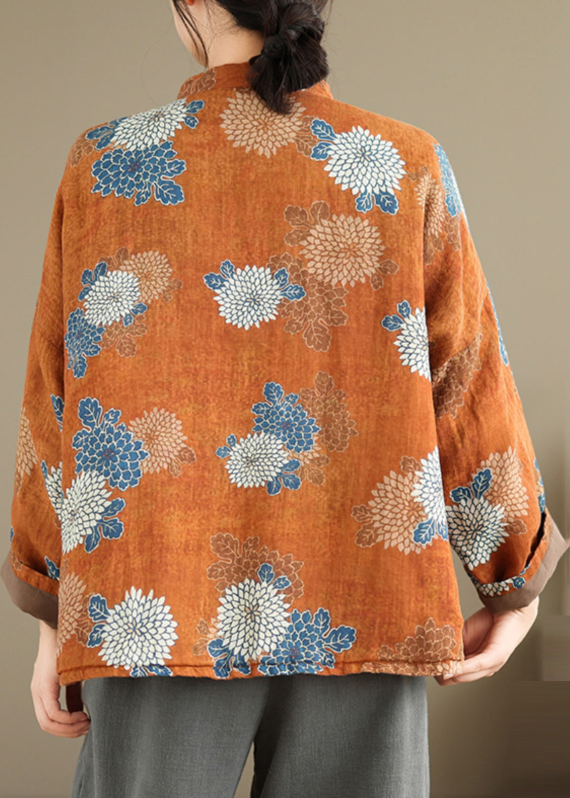 Orange Stand Collar Print Fine Cotton Filled Top Spring