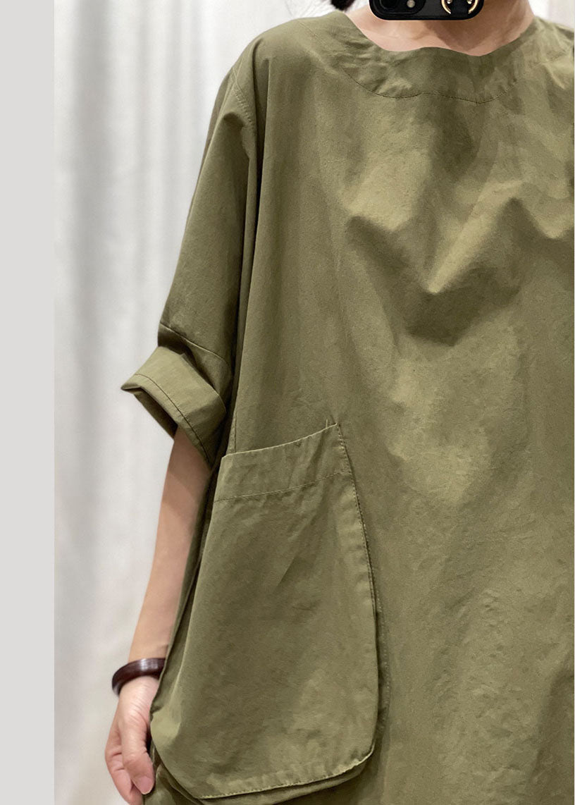 Army Green O Neck Pockets Patchwork Cotton Mid Dress Summer